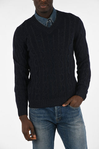 Wool and Cashmere Cable Knit V-Neck Sweater