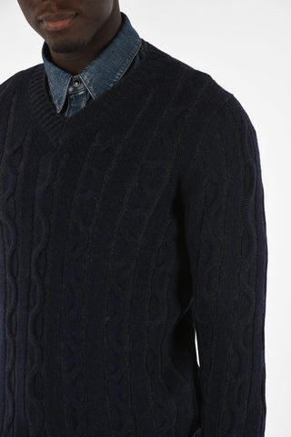 Wool and Cashmere Cable Knit V-Neck Sweater