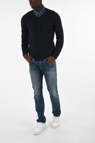 Wool and Cashmere Cable Knit V-Neck Sweater