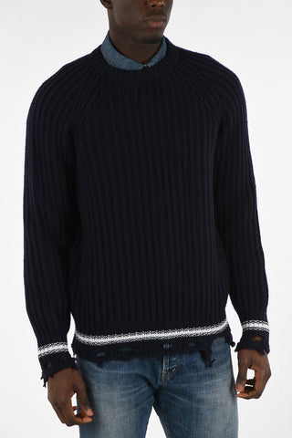 Merino Wool KUNIO Crew-Neck sweater With Raw-Cut Edges