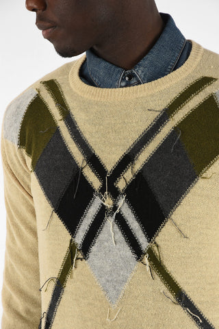 Distressed Argyle Crew-Neck Sweater