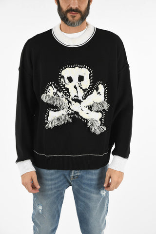 Fringed and Skull Embroidered crew-neck sweater