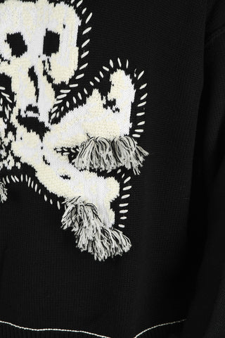 Fringed and Skull Embroidered crew-neck sweater