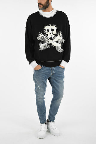 Fringed and Skull Embroidered crew-neck sweater
