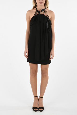 Mini Halterneck Dress with Feathers Applied
