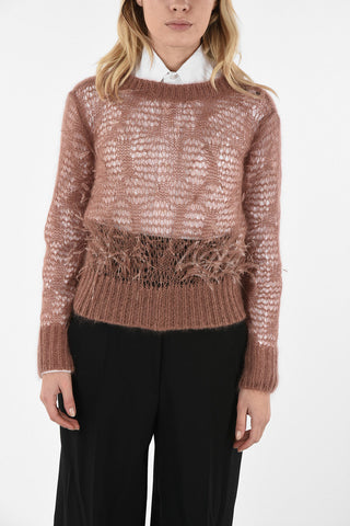 Crochet Crew-neck Sweater With Ostrich Feathers Details