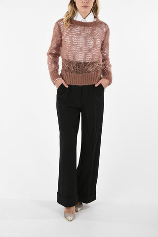 Crochet Crew-neck Sweater With Ostrich Feathers Details