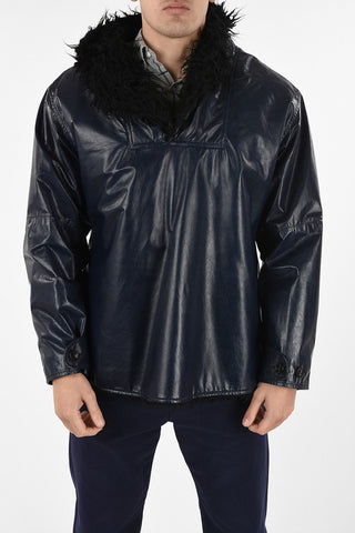 Leather Anorak Jacket with Shearling Hoodie