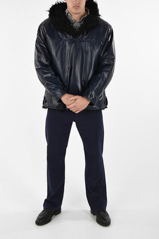 Leather Anorak Jacket with Shearling Hoodie