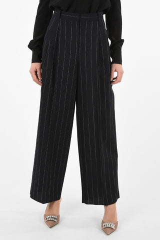 Pantaloni Palazzo Awning Striped a Vita Alta a Doppia Pince