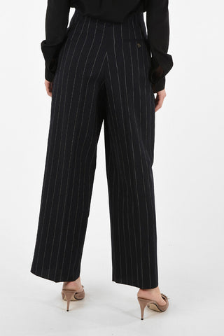 Pantaloni Palazzo Awning Striped a Vita Alta a Doppia Pince