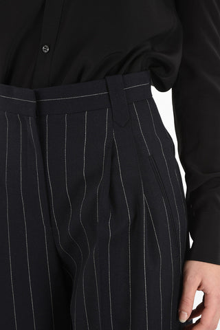 Pantaloni Palazzo Awning Striped a Vita Alta a Doppia Pince