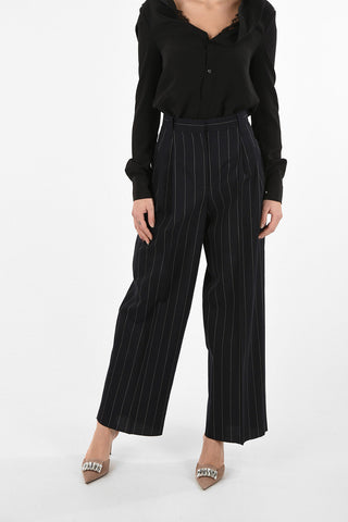 Pantaloni Palazzo Awning Striped a Vita Alta a Doppia Pince