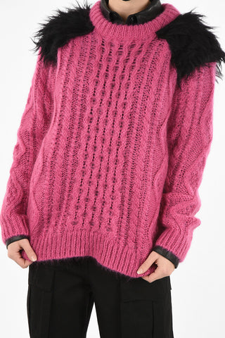 Cable Knit Crewneck Sweater With Faux Fur Details On Shoulders