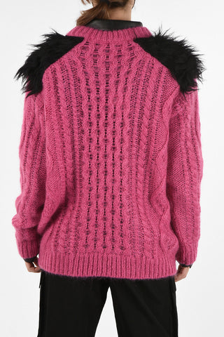 Cable Knit Crewneck Sweater With Faux Fur Details On Shoulders