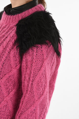 Cable Knit Crewneck Sweater With Faux Fur Details On Shoulders