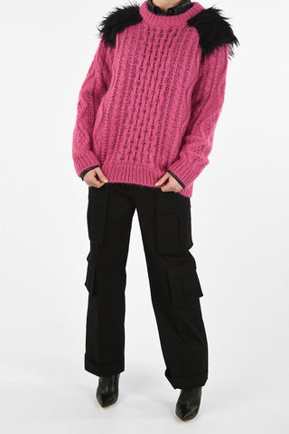 Cable Knit Crewneck Sweater With Faux Fur Details On Shoulders