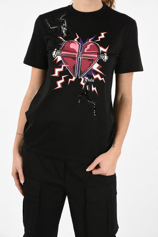 Crewneck T-Shirt With Heart Print And Jewel Details