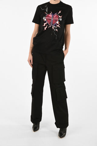 Crewneck T-Shirt With Heart Print And Jewel Details