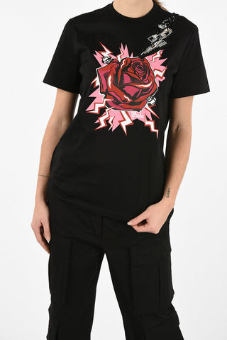 Crewneck T-Shirt With Flower Print And Jewel Details