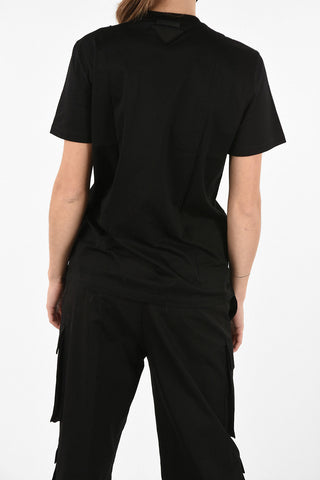 Crewneck T-Shirt With Flower Print And Jewel Details