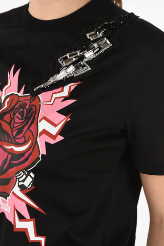 Crewneck T-Shirt With Flower Print And Jewel Details
