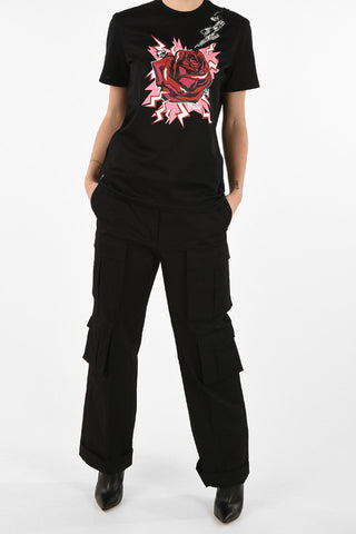 Crewneck T-Shirt With Flower Print And Jewel Details