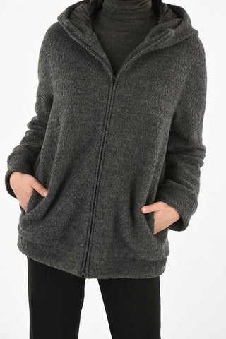 Wool and Cotton Padded Jacket with Zip and Hood 