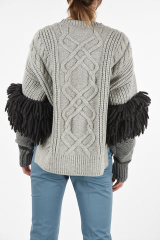 crew-neck fringed aran sweater