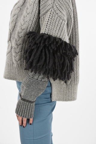 crew-neck fringed aran sweater