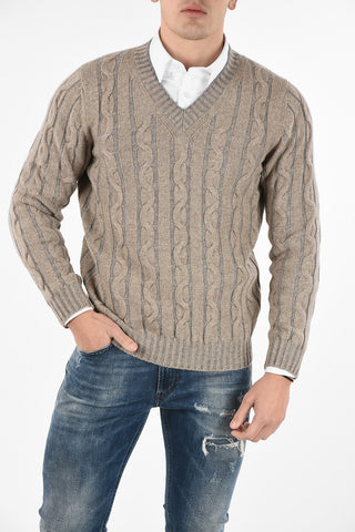 Maglia Scollo a V in Lana e Cashmere a Trecce