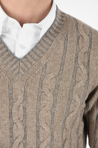 Wool and Cashmere Cable Knit V-Neck Sweater