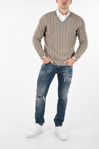 Maglia Scollo a V in Lana e Cashmere a Trecce