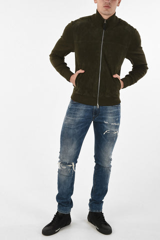 Suede leather outerwear jacket with knit Insert