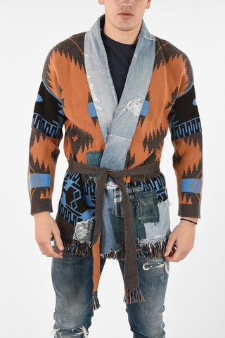 GREG LAUREN cashmere Icon Patch cardigan with Denim applications