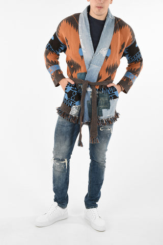 GREG LAUREN cashmere Icon Patch cardigan with Denim applications