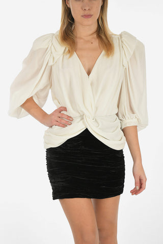 leg-o-mutton sleeve chenille Draped dress