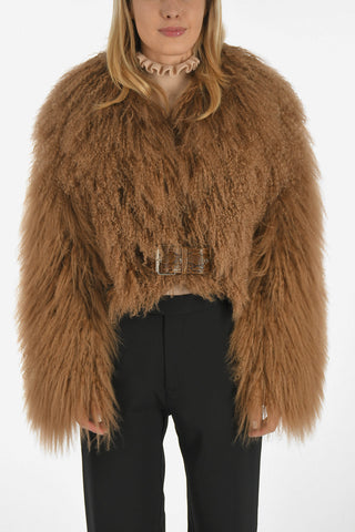 Crop fur Jacket with Leather Python Printed Details