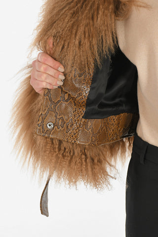 Crop fur Jacket with Leather Python Printed Details