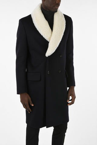 Wool and Cashmere Double Breasted Coat With Shearling Collar