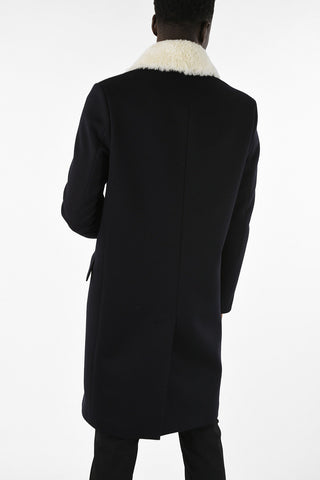 Wool and Cashmere Double Breasted Coat With Shearling Collar