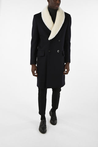 Wool and Cashmere Double Breasted Coat With Shearling Collar