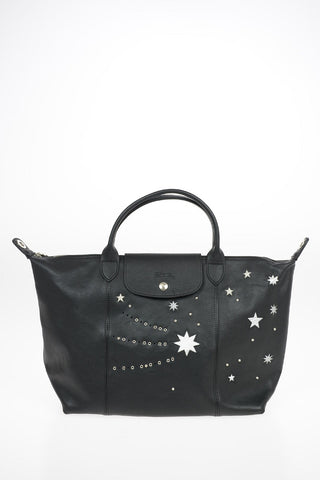 Embroidered Leather Tote Bag With Removable Shoulder Strap