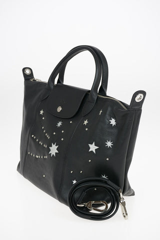 Embroidered Leather Tote Bag With Removable Shoulder Strap