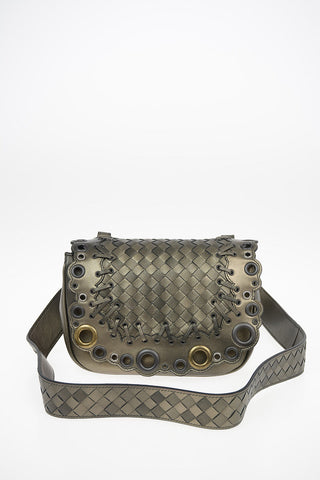 Braided Metallic Leather Saddle Bag with Studs Aplications