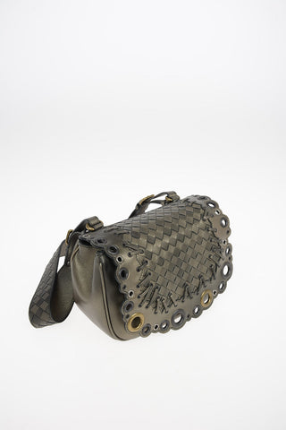 Braided Metallic Leather Saddle Bag with Studs Aplications