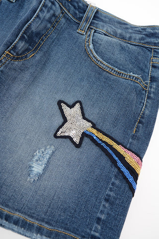 Denim Skirt with Sequin Embroidery
