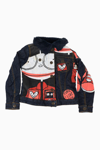 Print Denim Jacket with Faux Fur Insert