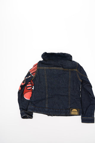 Print Denim Jacket with Faux Fur Insert