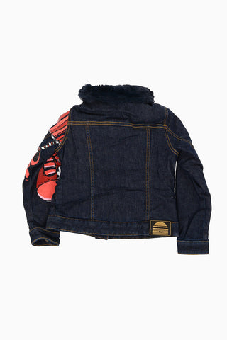 Print Denim Jacket with Faux Fur Insert
